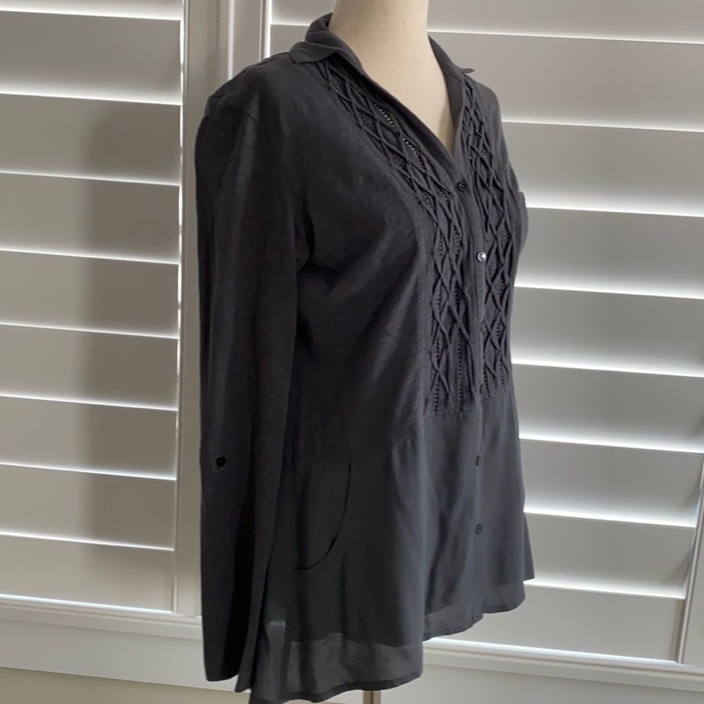 Anthropologie | Meadow Rue Grey button up tunic style blouse top long sleeve